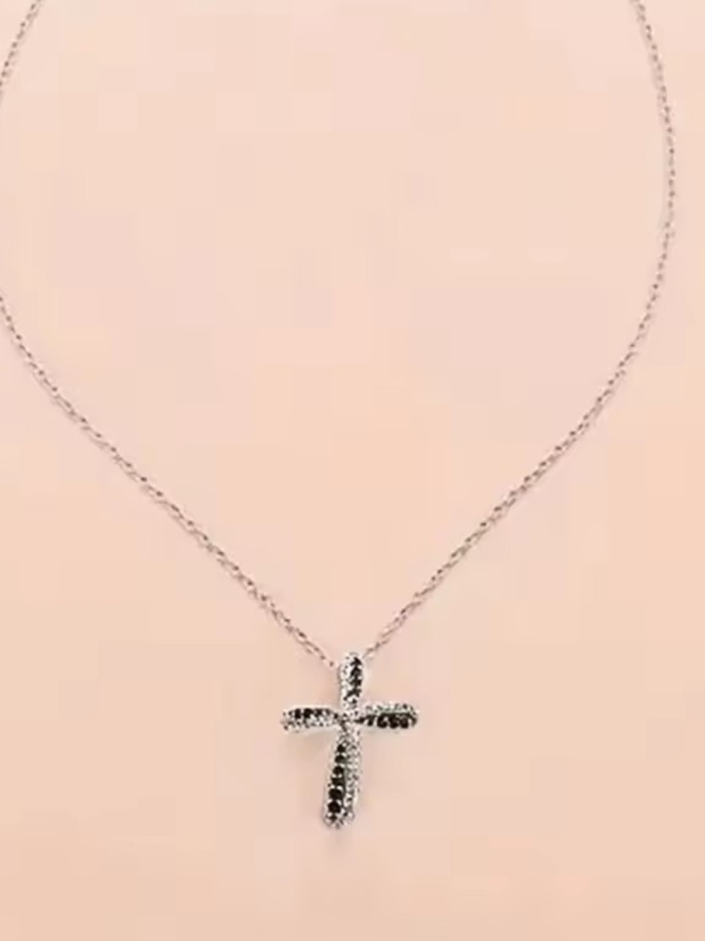 Silver Cross Pendant Necklace with Black and Clear Stones - Picture 5 of 5